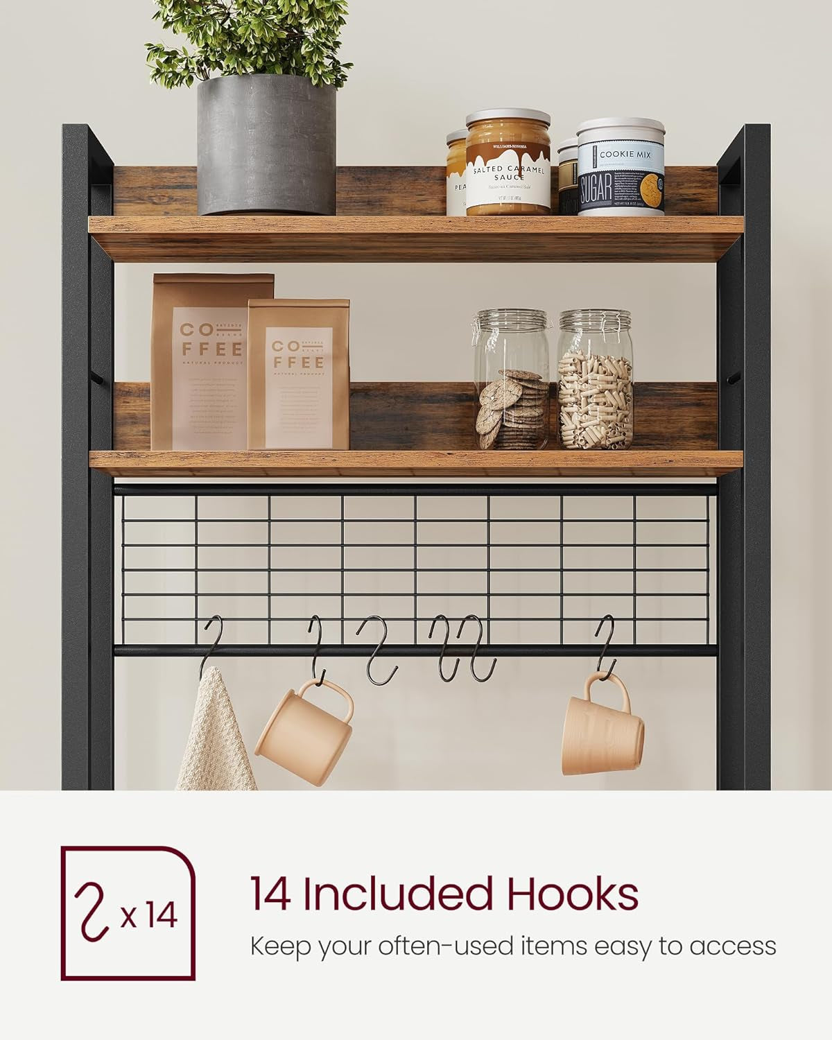 Bakers Rack with Power Outlet, Microwave Stand, Kitchen Tall Utility Storage Shelf, with Metal Wire Panel, 14 Hooks, 15.7 X 23.6 X 66.9 Inches, Rustic Brown and Ink Black UKKS037B01