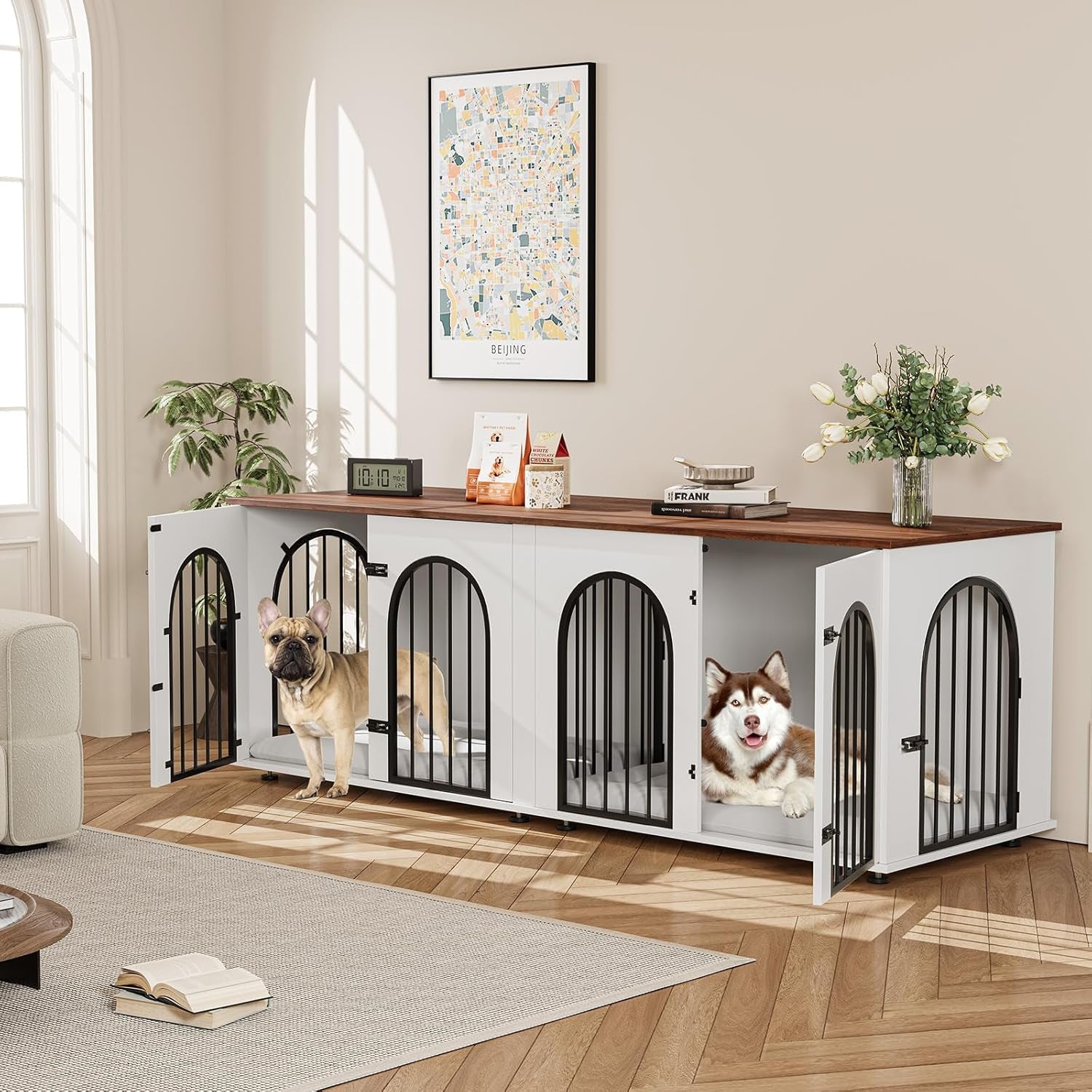 71" Large Dog Crate Furniture for 2 Dogs, Wooden Double Dog Crate with Door, Indoor Dog Kennel TV Stand with Divider and Cushion for Large Medium Dogs, White/Brown