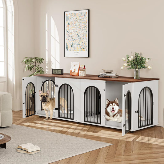 71" Large Dog Crate Furniture for 2 Dogs, Wooden Double Dog Crate with Door, Indoor Dog Kennel TV Stand with Divider and Cushion for Large Medium Dogs, White/Brown