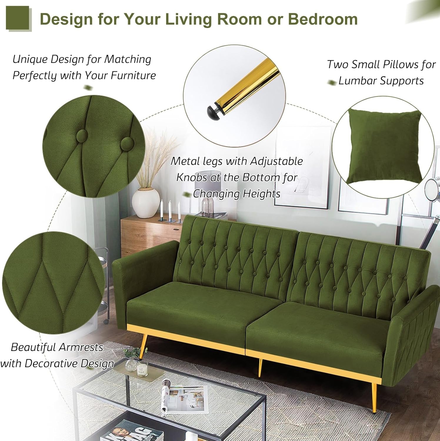 70” Velvet Futon Sofa Bed W/Adjustable Armrests & 2 Pillows, Convertible Futon Couch W/Adjustable Backrests, Modern Sleeper Bed for Living Room, Bedroom, Olive Green