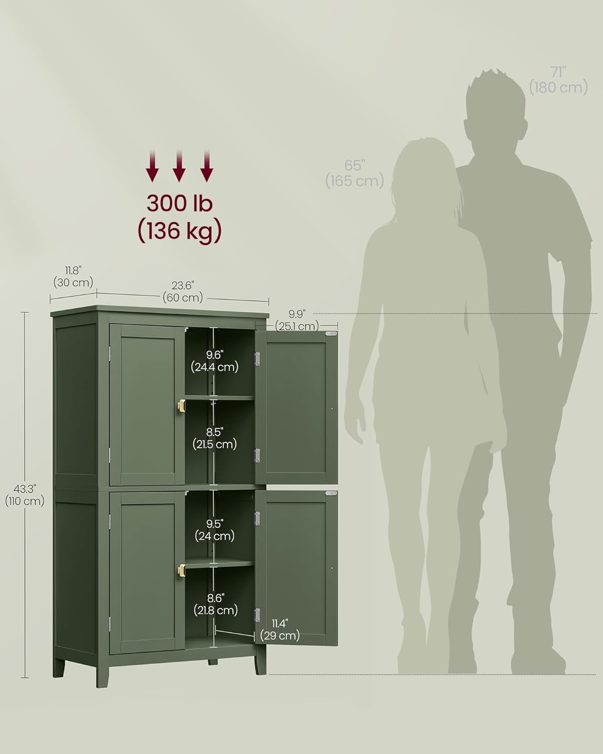 Bathroom Floor Storage Cabinet, Bathroom Storage Unit, Freestanding Cabinet with 4 Doors, Adjustable Shelves, 11.8 X 23.6 X 43.3 Inches, Forest Green UBBC552C01