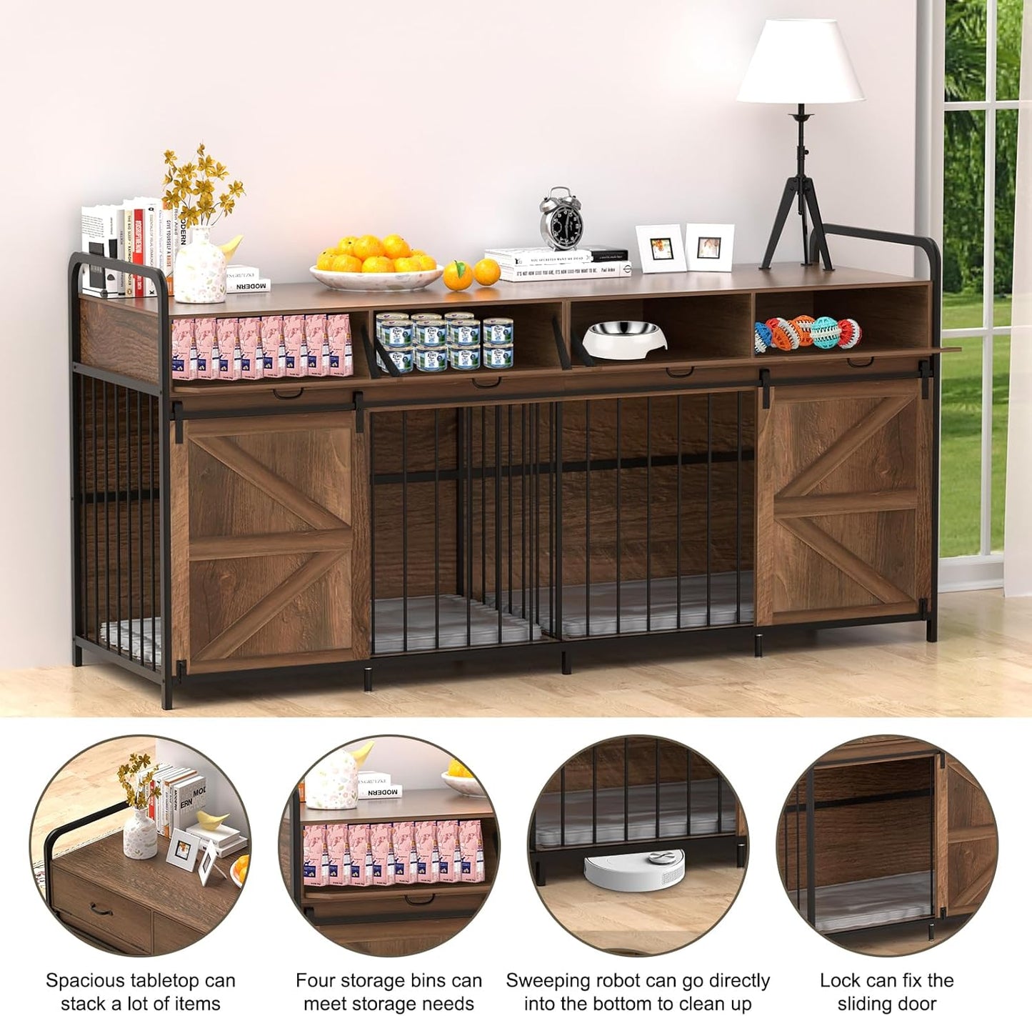 78.7 Inch Large Dog Crate Furniture for 2 Dogs Extra Large Dog Kennel Heavy Duty Wood Dog Crate Double Dog Crates Furniture TV Stand (Gray)