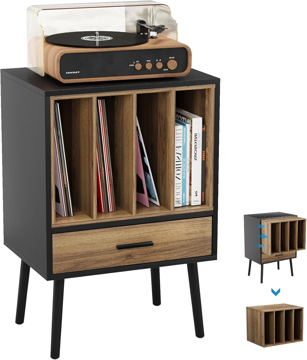 Record Player Stand with Nesting Vinyl Storage Crate, Record Player Table with a Drawer and Solid Wood Legs, Side End Table for Turntables for Living Room Bedroom