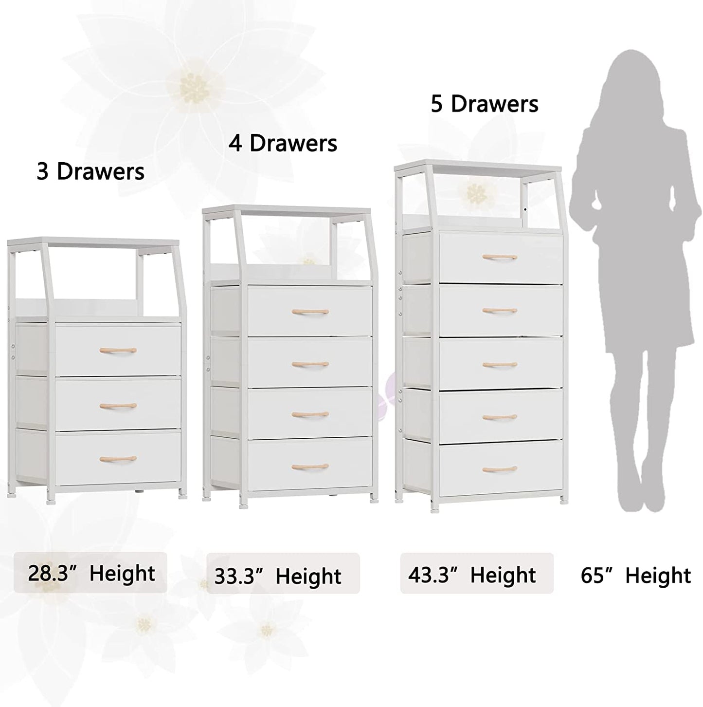 White Dresser with 5 Drawers, Vertical Storage Tower Fabric Dresser for Bedroom, Hallway, Entryway, Nursery, Closet Organizer, Nightstand Bedside Table Furniture, Sturdy Steel Frame, Wood Top