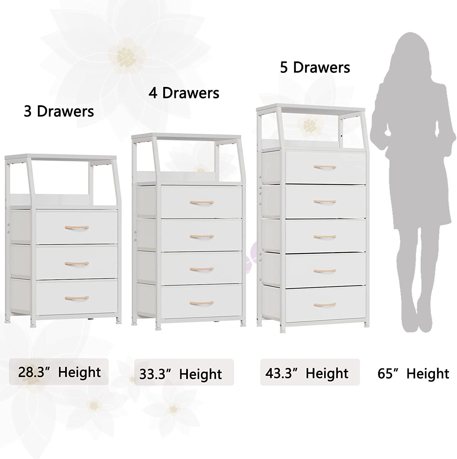 White Dresser with 5 Drawers, Vertical Storage Tower Fabric Dresser for Bedroom, Hallway, Entryway, Nursery, Closet Organizer, Nightstand Bedside Table Furniture, Sturdy Steel Frame, Wood Top