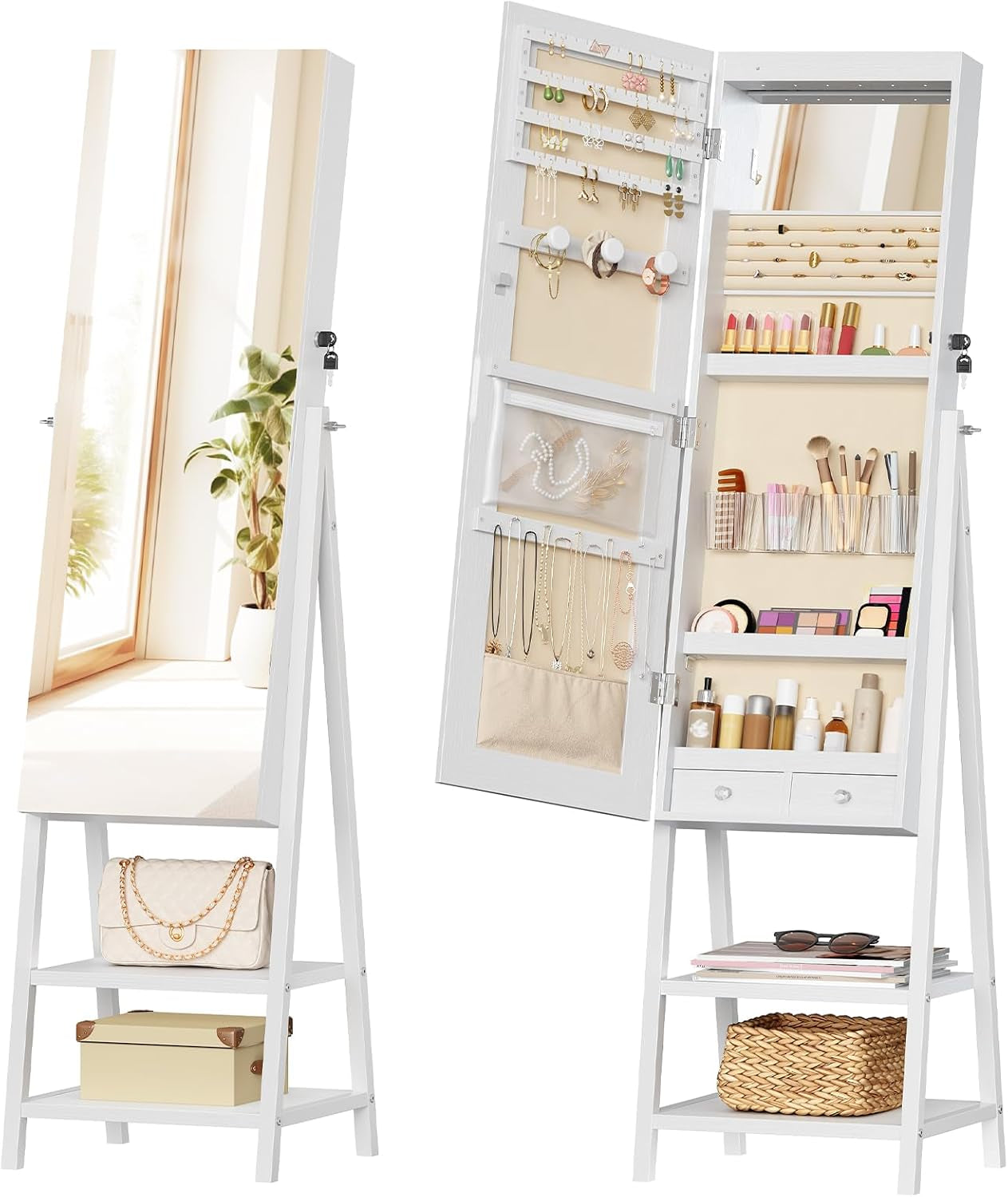 Standing Jewelry Cabinet with LED Lights, Jewelry Organizer with Storage Shelves, Full Length Mirrored Jewelry Armoire, Lockable Cosmetics Storage Cabinet, Makeup Brush Boxes, White