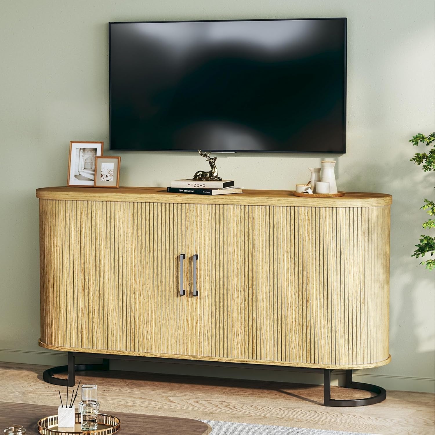 Sideboard Buffet Cabinet with Storage, 54.3" Fluted Tambour, Adjustable Shelves, Mid Century Modern Console for Living Room Kitchen