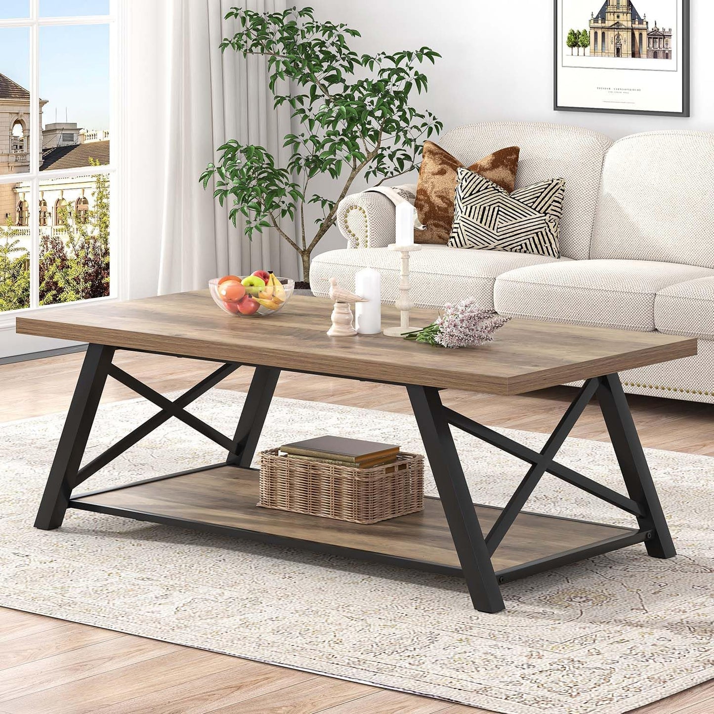 Modern Coffee Table, Rectangle Center Table for Living Room with Storage Shelf, Industrial Wood and Metal Cocktail Tea Table, Rustic Oak, 47 Inch