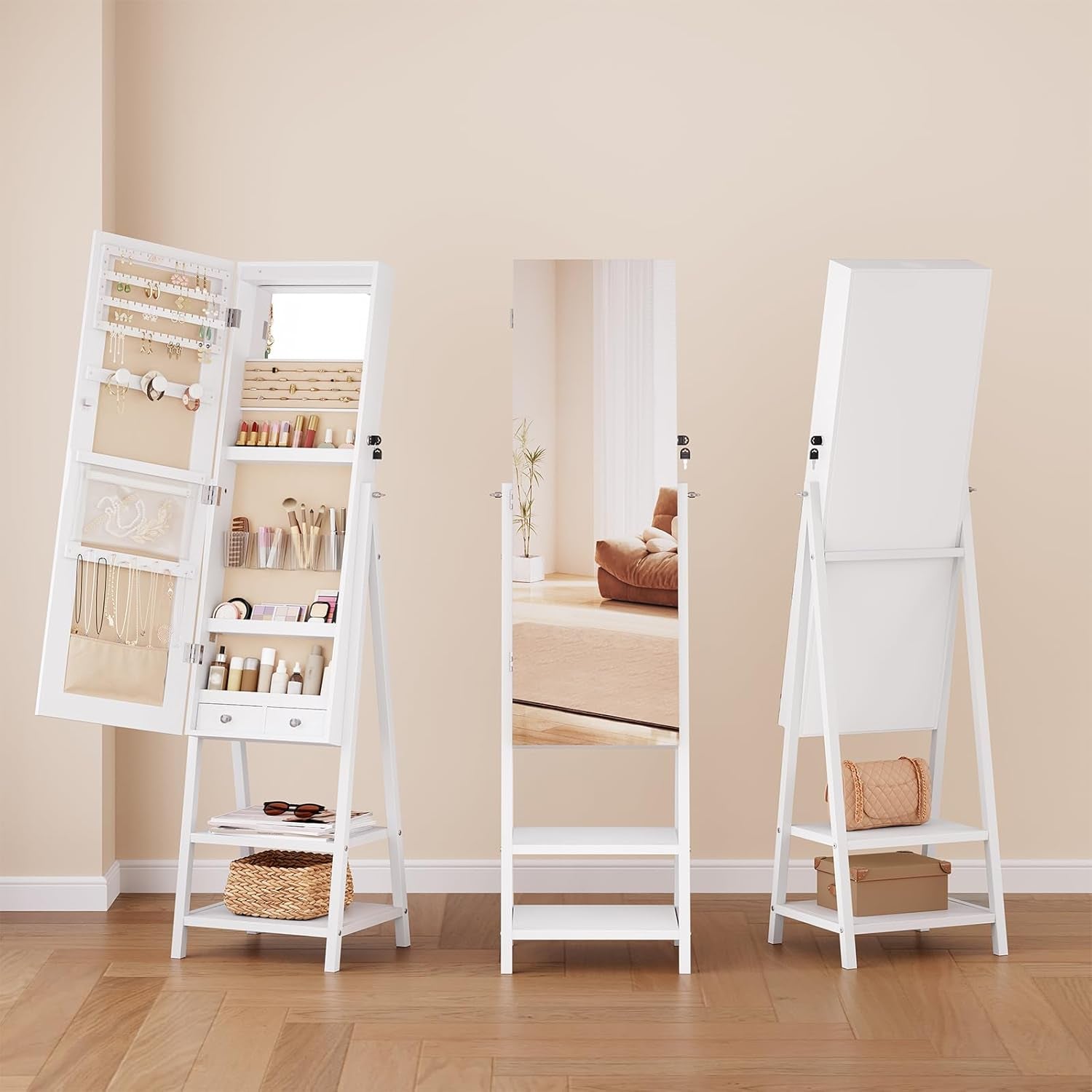 Standing Jewelry Cabinet with LED Lights, Jewelry Organizer with Storage Shelves, Full Length Mirrored Jewelry Armoire, Lockable Cosmetics Storage Cabinet, Makeup Brush Boxes, White