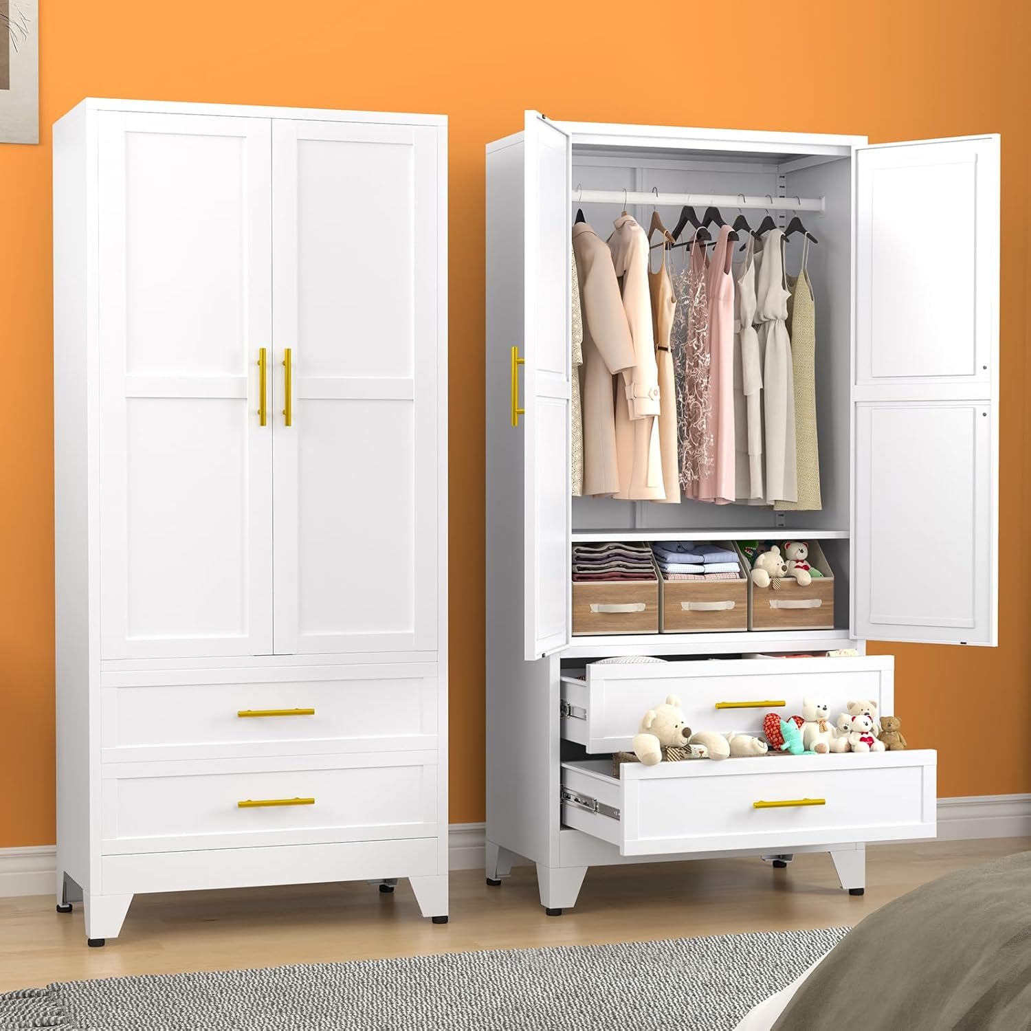 Metal Armoire Wardrobe Closet, 71 "Metal Clothing Storage Cabinet with Adjustable Shelves and Hanging Rod, Household Steel Wardrobe Storage Cabinet with Drawers (Armoire-White)