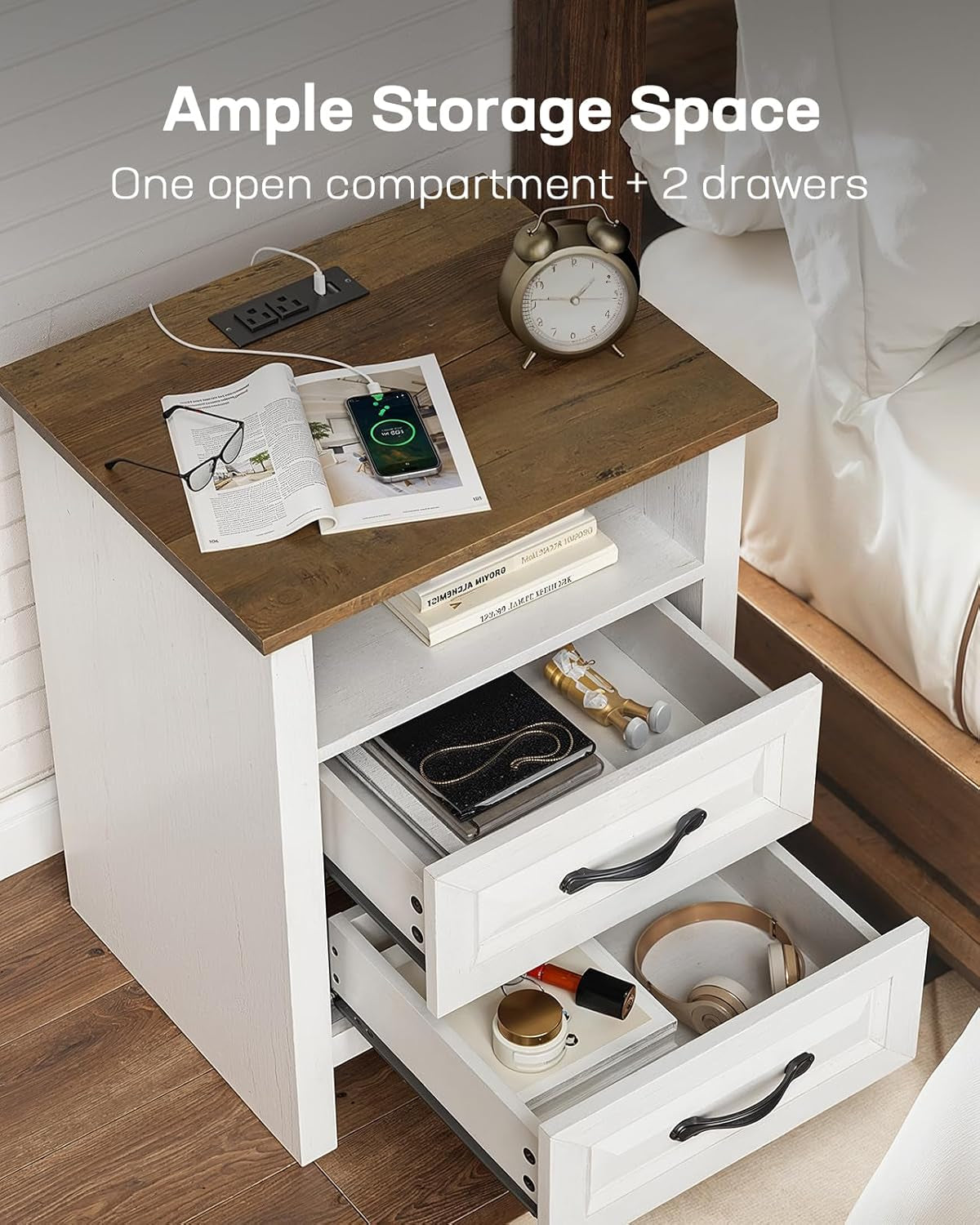 Nightstand Set of 2 for Bedroom, Night Stand with Charging Station, Bedside Table with 2 Drawers & Open Shelf, Farmhouse End Table Storage Cabinet, Wood White