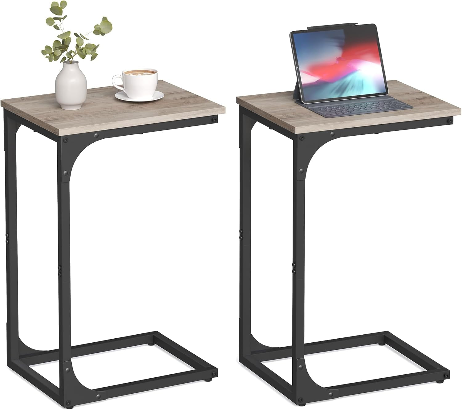 C-Shaped End Table Set of 2, Small Side Table for Couch, Sofa Table with Metal Frame for Living Room, Bedroom, Bedside, Greige and Black