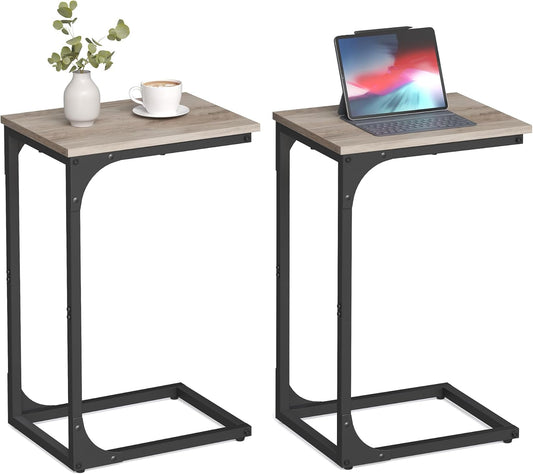 C-Shaped End Table Set of 2, Small Side Table for Couch, Sofa Table with Metal Frame for Living Room, Bedroom, Bedside, Greige and Black