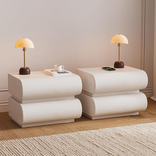 Smart Nightstands Set of 2 with Wireless Charging Station, USB & Type-C Ports, Faux Leather White Night Stands Modern Bedside Tables for Bedroom Storage, Fully Assembled