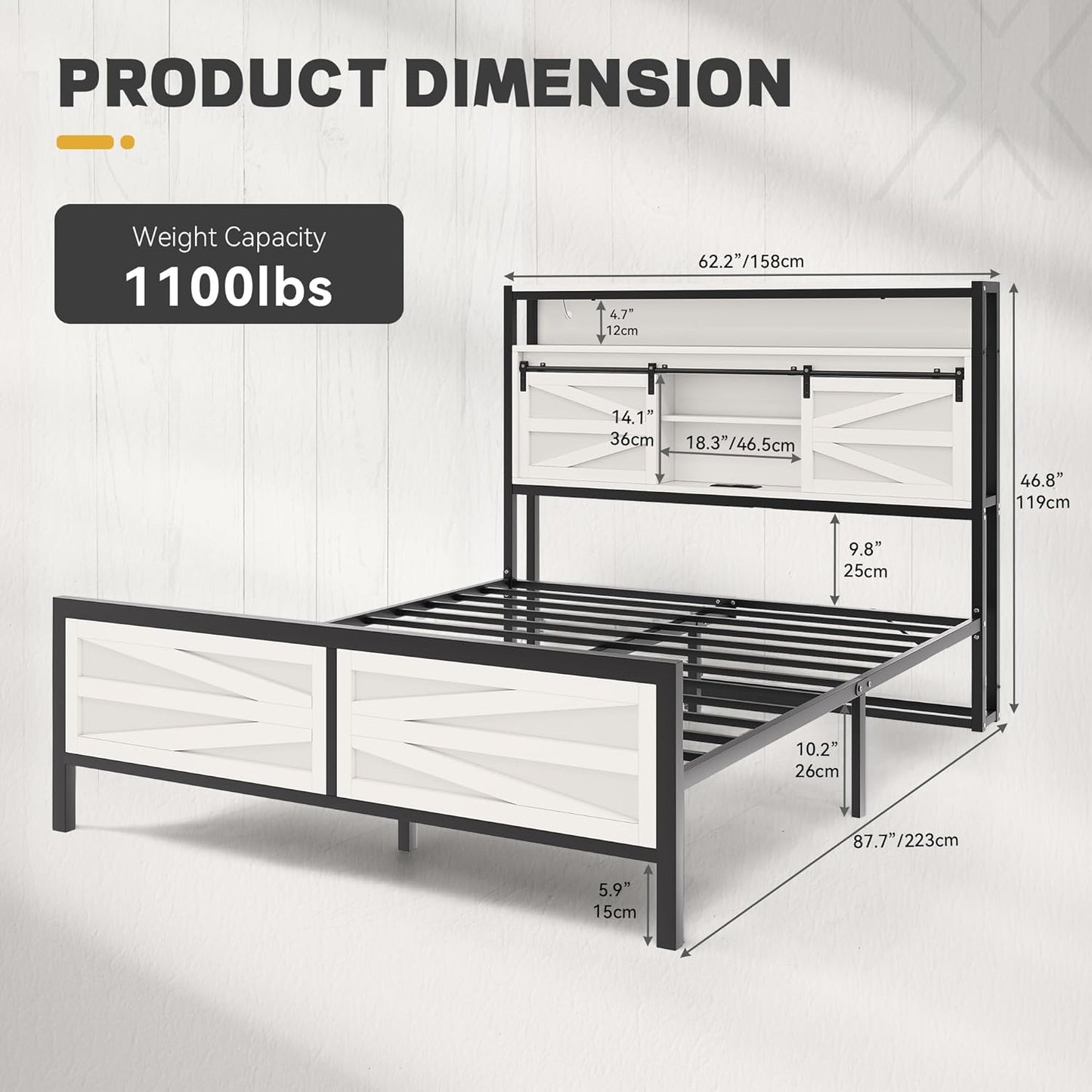 Farmhouse Bed Frame with Storage Headboard Queen Size, Platform Bed Frame with LED Lights and Charging Station, Sliding Barn Door, Solid Metal Slats, No Box Spring Needed (White)