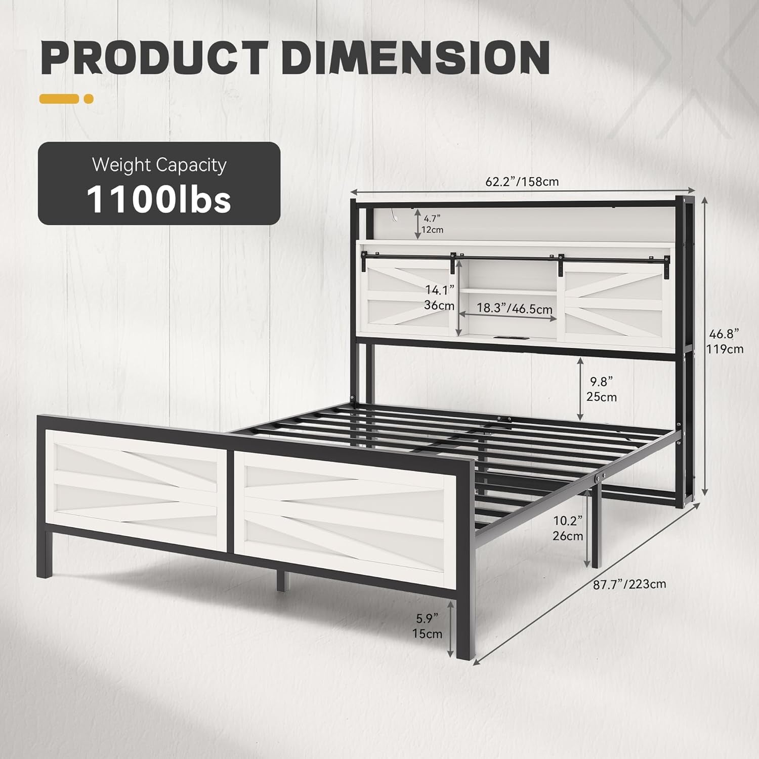 Farmhouse Bed Frame with Storage Headboard Queen Size, Platform Bed Frame with LED Lights and Charging Station, Sliding Barn Door, Solid Metal Slats, No Box Spring Needed (White)
