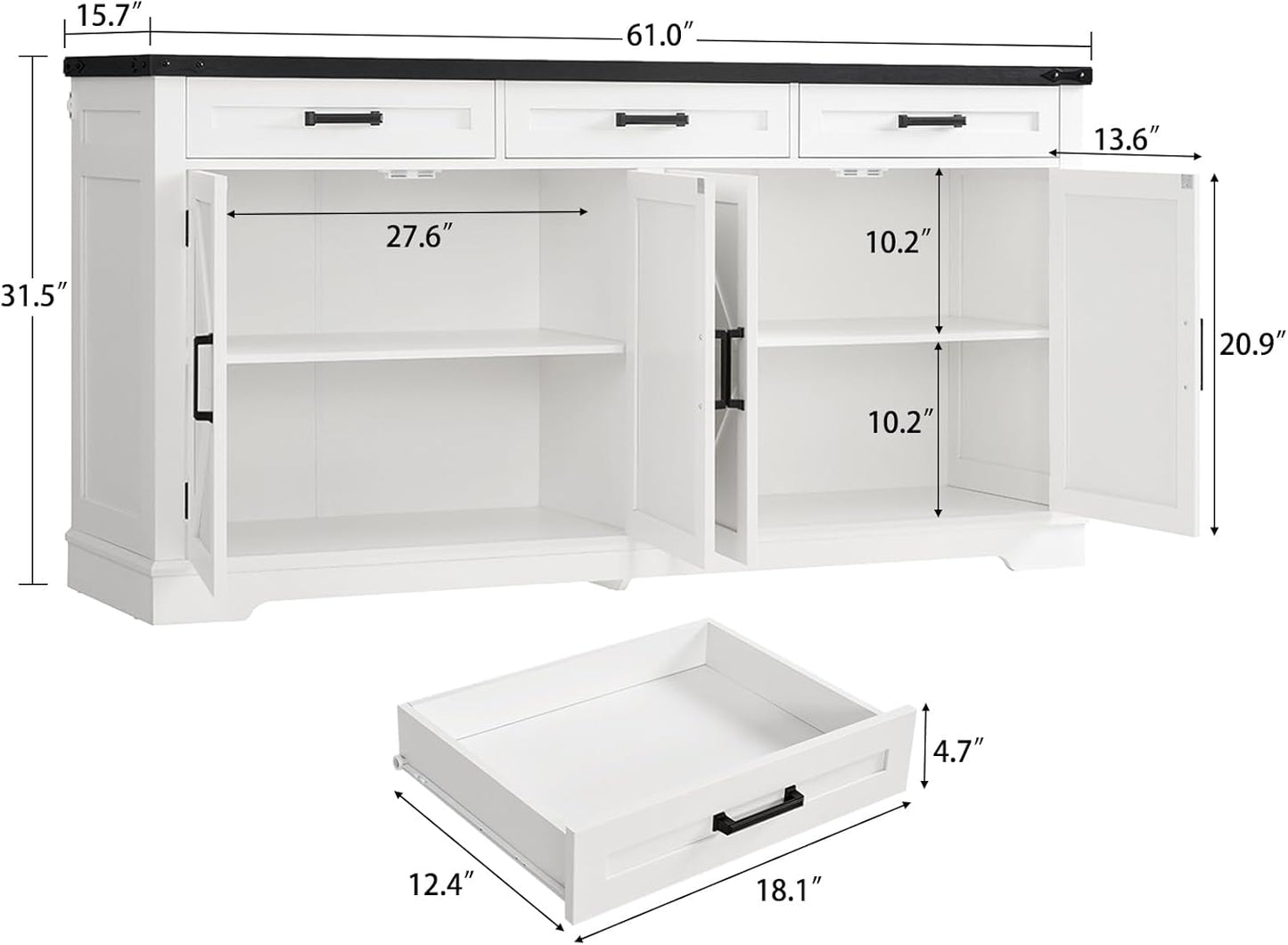 61” Large Sideboard Buffet Cabinet with 4 Doors and 3 Drawers, Farmhouse Buffet Table, Dining Room Storage Cabinet for Kitchen or Living Room, White