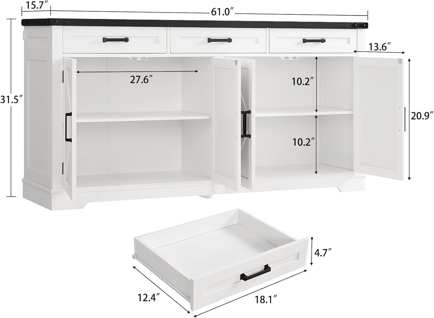61” Large Sideboard Buffet Cabinet with 4 Doors and 3 Drawers, Farmhouse Buffet Table, Dining Room Storage Cabinet for Kitchen or Living Room, White