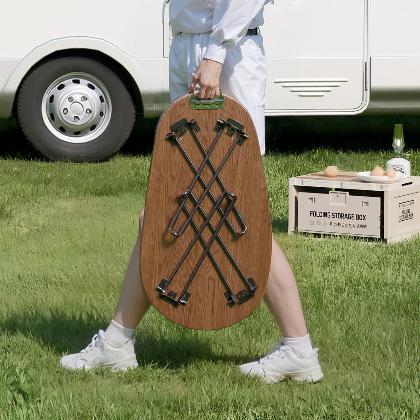 Solid Wood Small Coffee Table, Beetle Design, Full Assembly, Folding Coffee Table for Small Spaces, Portable Floor Table Furniture for for Garden, Balcony, Indoor or Outdoor Use (Walnut)