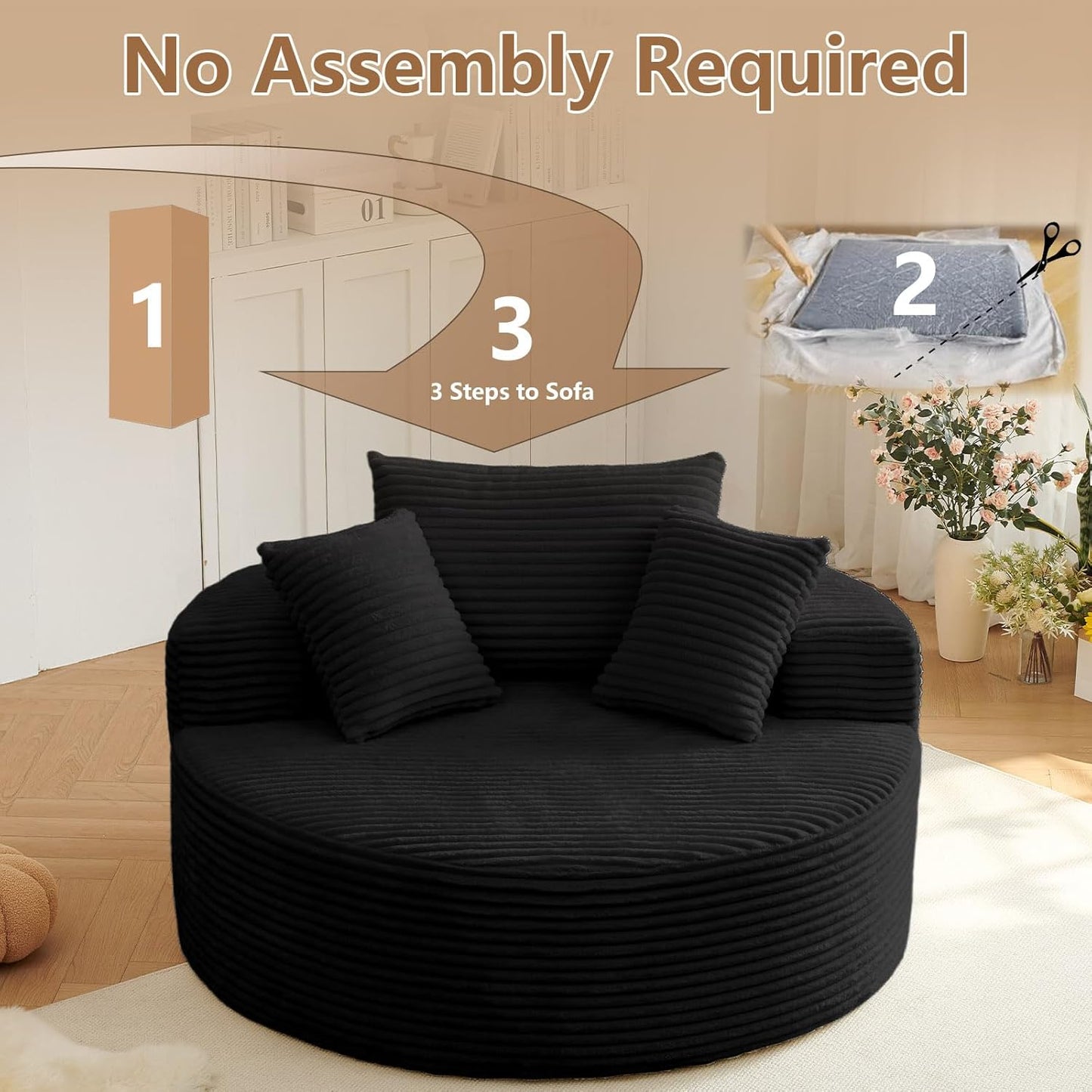 Oversized round Chair Lounge Chaise Indoor, Upholstered Corduroy Deep Seat Cloud Large Circle Sofa Chair, No Assembly Required, Fluffy Modern Sleeper Sofa Bed for Reading, Living Room, Bedroom, Black