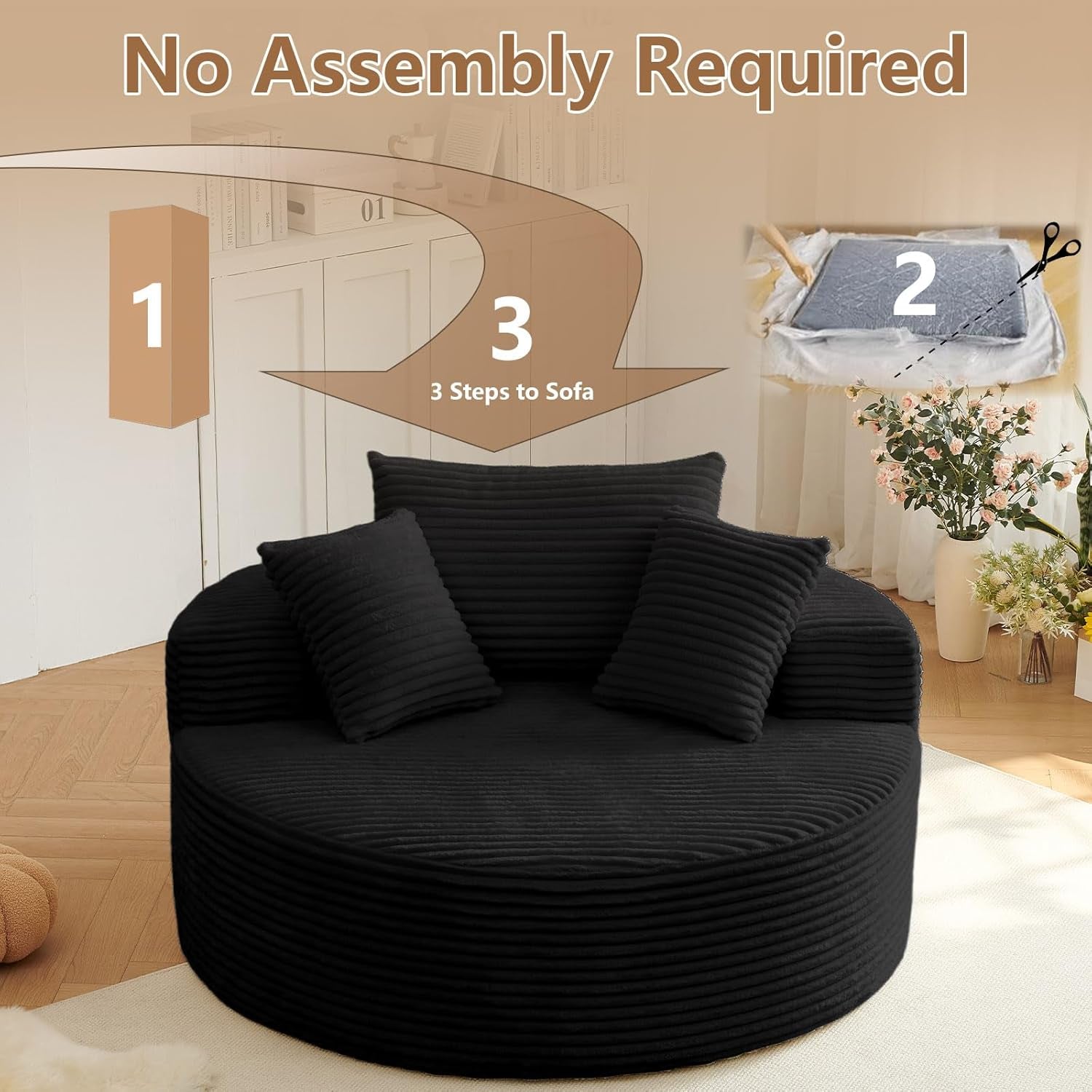Oversized round Chair Lounge Chaise Indoor, Upholstered Corduroy Deep Seat Cloud Large Circle Sofa Chair, No Assembly Required, Fluffy Modern Sleeper Sofa Bed for Reading, Living Room, Bedroom, Black