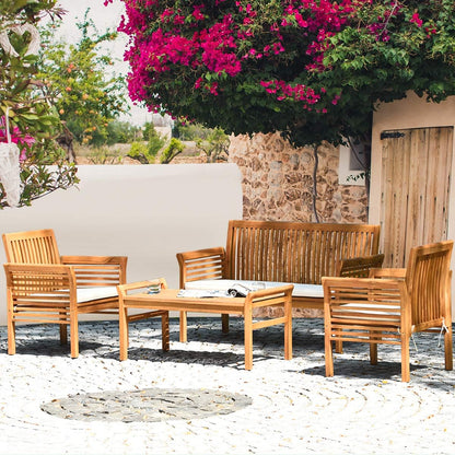 4 Piece Outdoor Acacia Wood Sofa Set with Water Resistant Cushions, Padded Patio Conversation Table Chair Set W/Coffee Table for Garden, Backyard, Poolside (1)