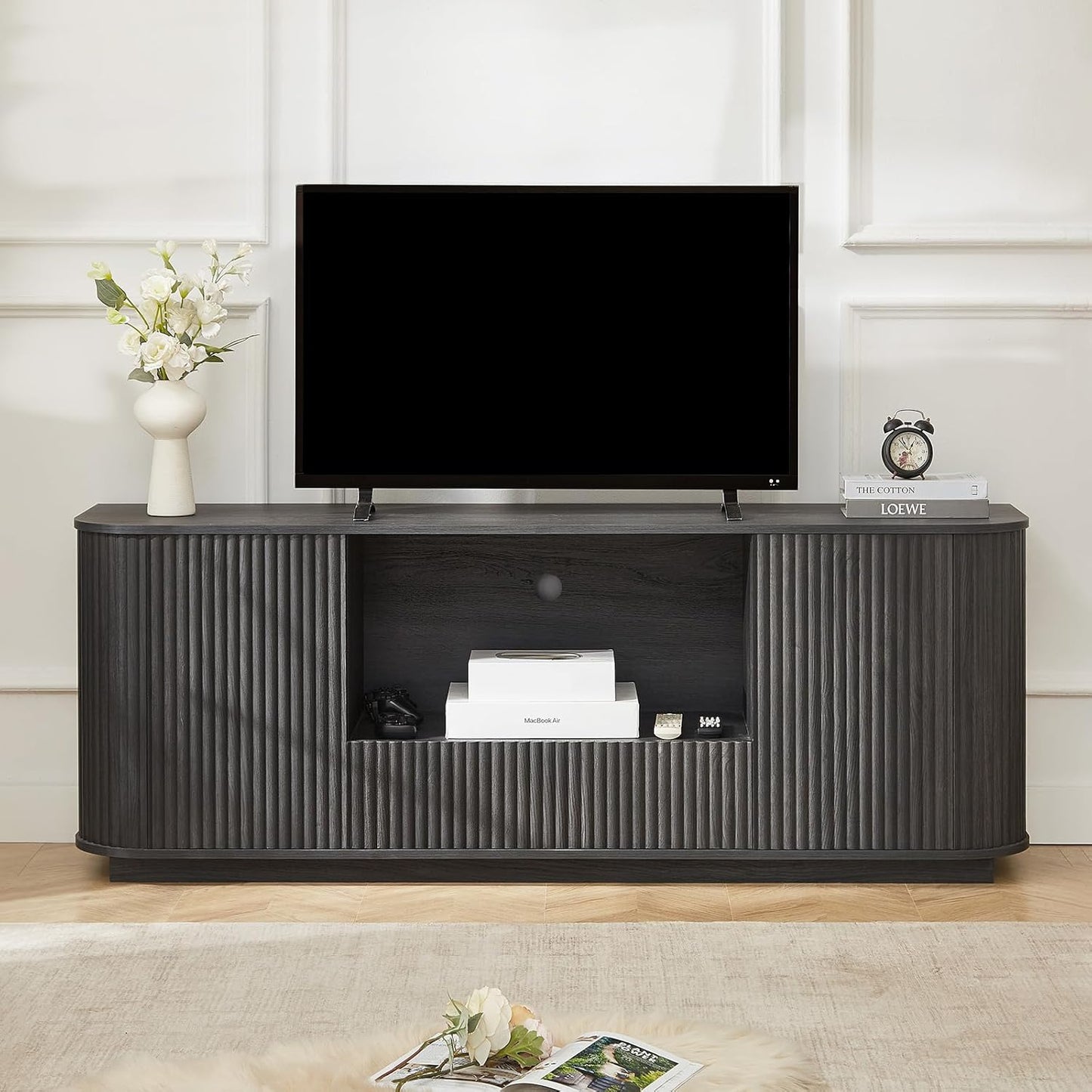 64" Fluted TV Stand for Tvs up to 75 Inch, Entertainment Center with Storage Cabinet and Drawer, Wood TV Console Television Furniture with Adjustable Shelf, Media Console for Living Room, Bedroom