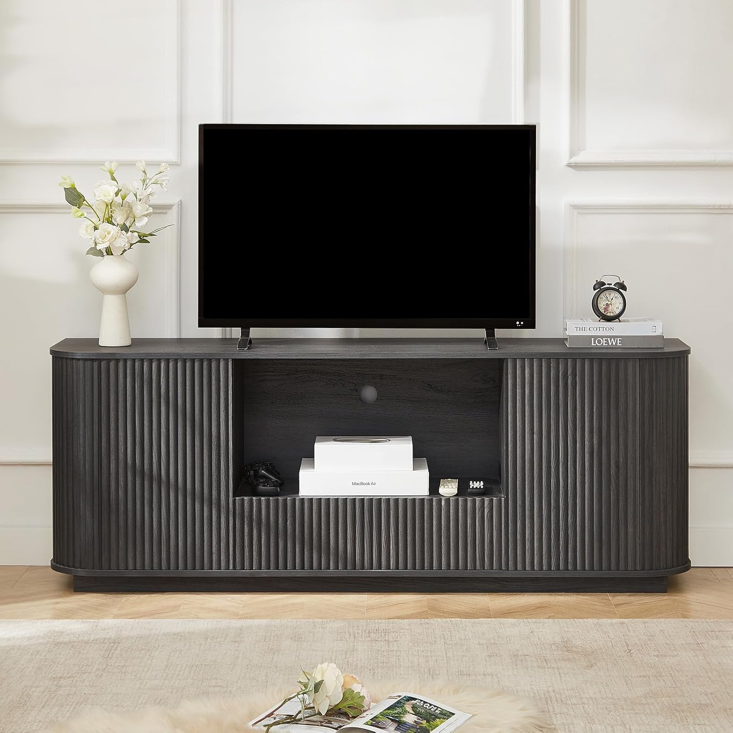 64" Fluted TV Stand for Tvs up to 75 Inch, Entertainment Center with Storage Cabinet and Drawer, Wood TV Console Television Furniture with Adjustable Shelf, Media Console for Living Room, Bedroom