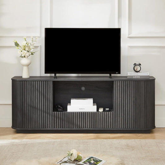 64" Fluted TV Stand for Tvs up to 75 Inch, Entertainment Center with Storage Cabinet and Drawer, Wood TV Console Television Furniture with Adjustable Shelf, Media Console for Living Room, Bedroom
