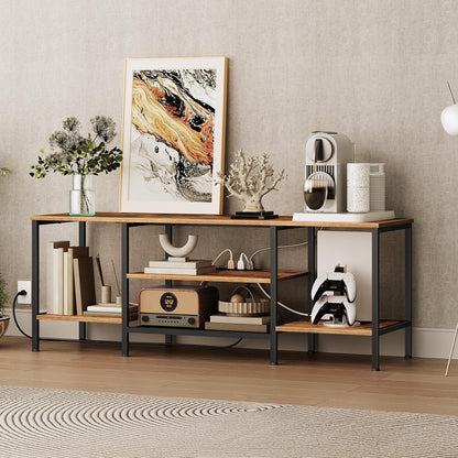 TV Stand with Power Outlets to 65 Inches, TV Console Table with Open Storage Shelves, Industrial Media Entertainment Center for Living Room Bedroom, Rustic Brown and Black BF40DS01