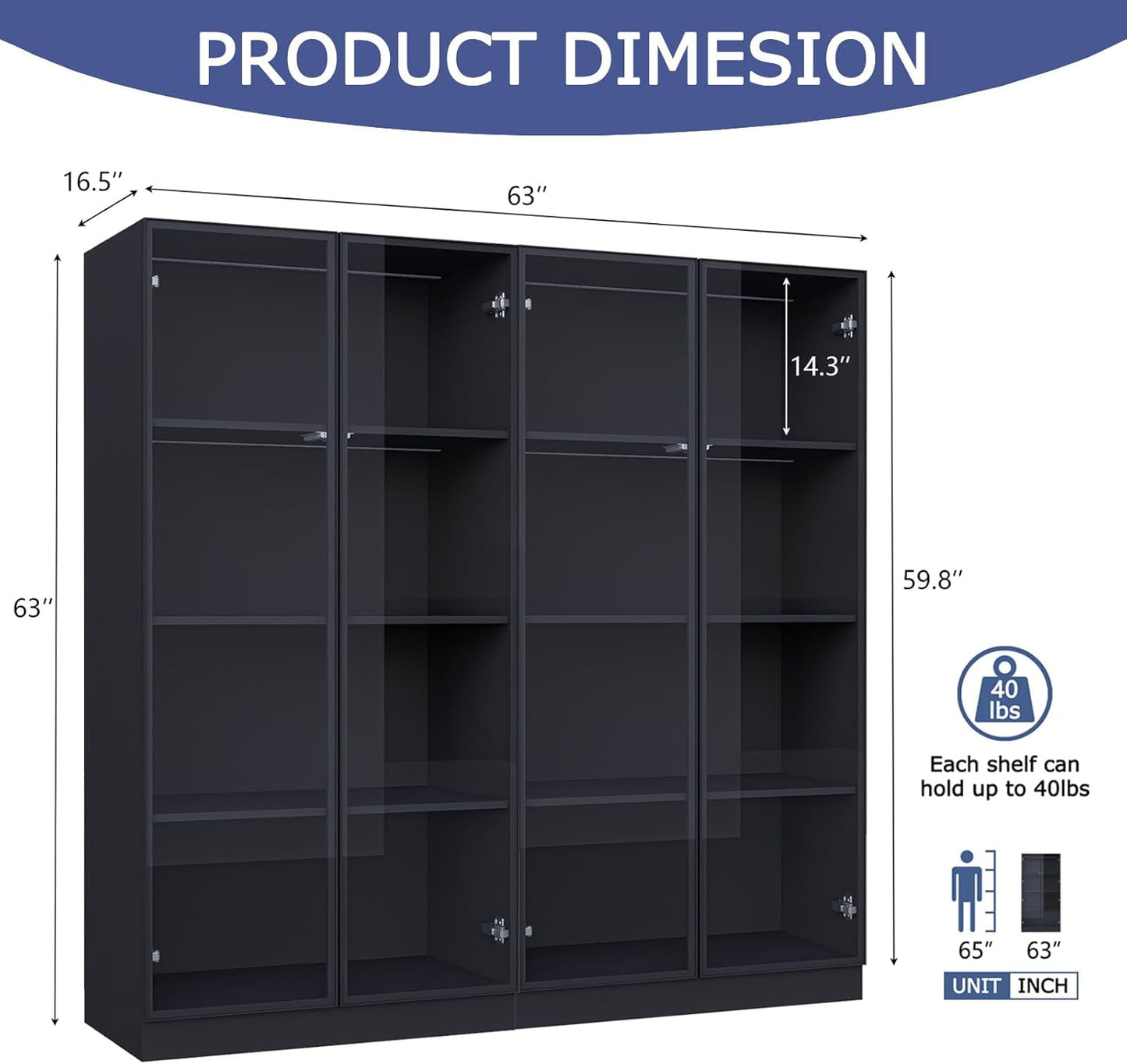 Glass Display Cabinet with LED Lights Set of 2, Display Case Bookcase with 4-Tier Shelves, Curio Cabinet with 2 Glass Doors, Storage Cabinet for Collectibles, Living Room