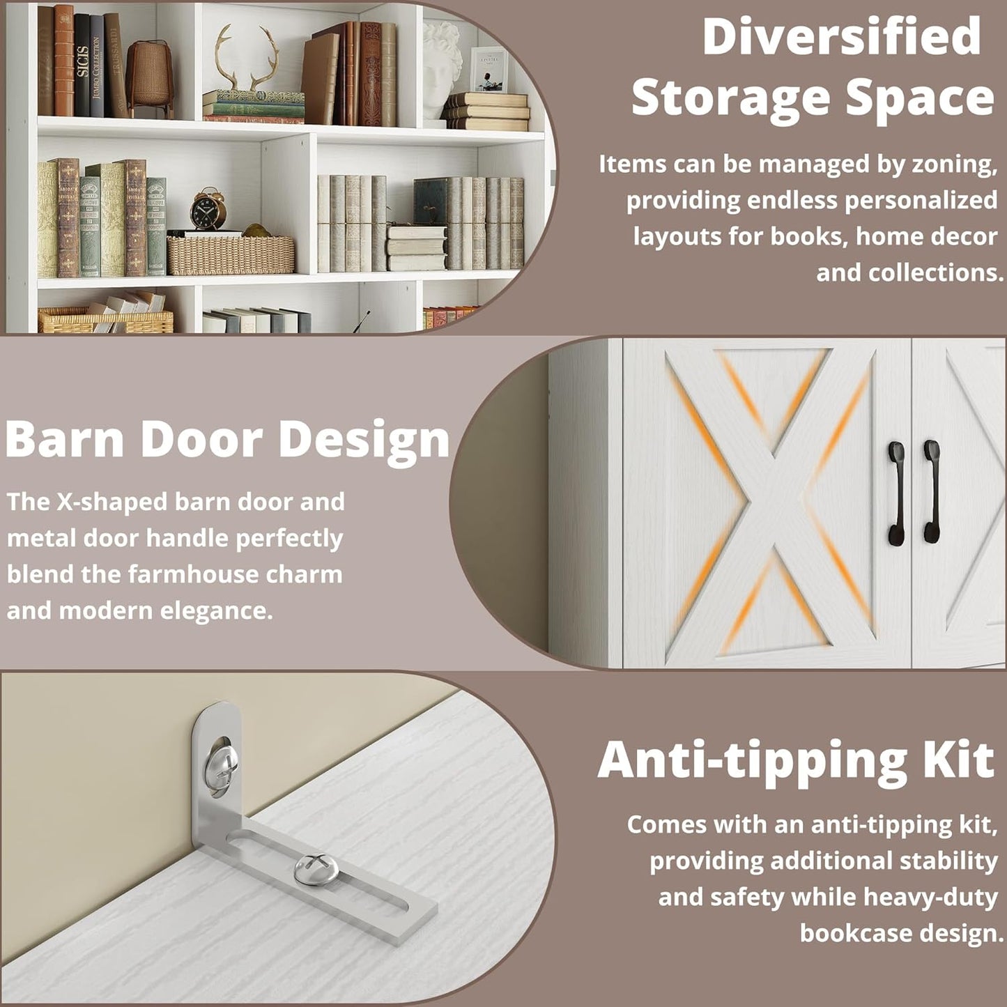 Bookshelf with Drawers & Doors, Tall Bookshelf with Storage, Bookcase with Cabinets for Home Office, Living Room, White