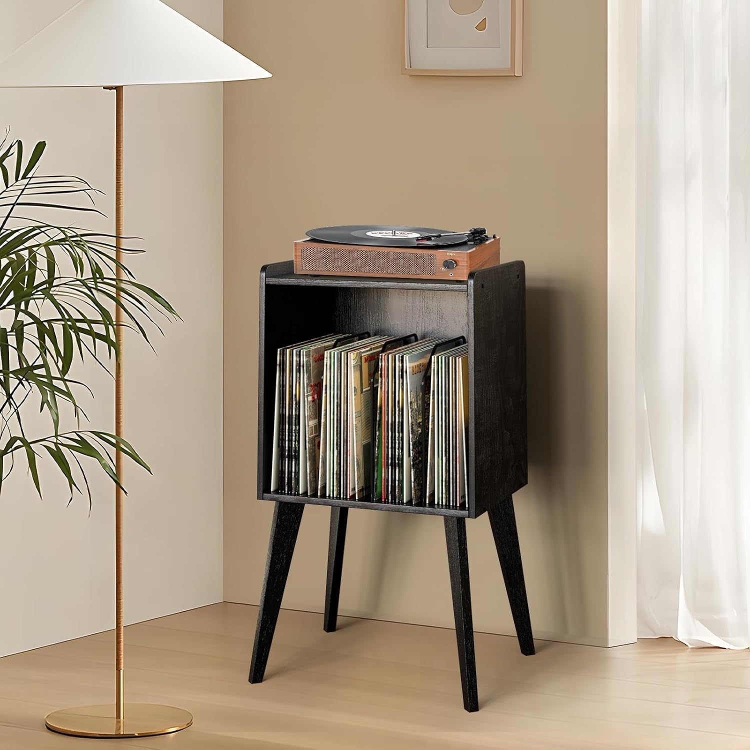 Record Player Stand – Mid-Century Vinyl Record Storage Stand Holds up to 160 Albums, Small Space Record Player Organizer Shelf with Wood Legs, Turntable Stand for Living Room, Bedroom