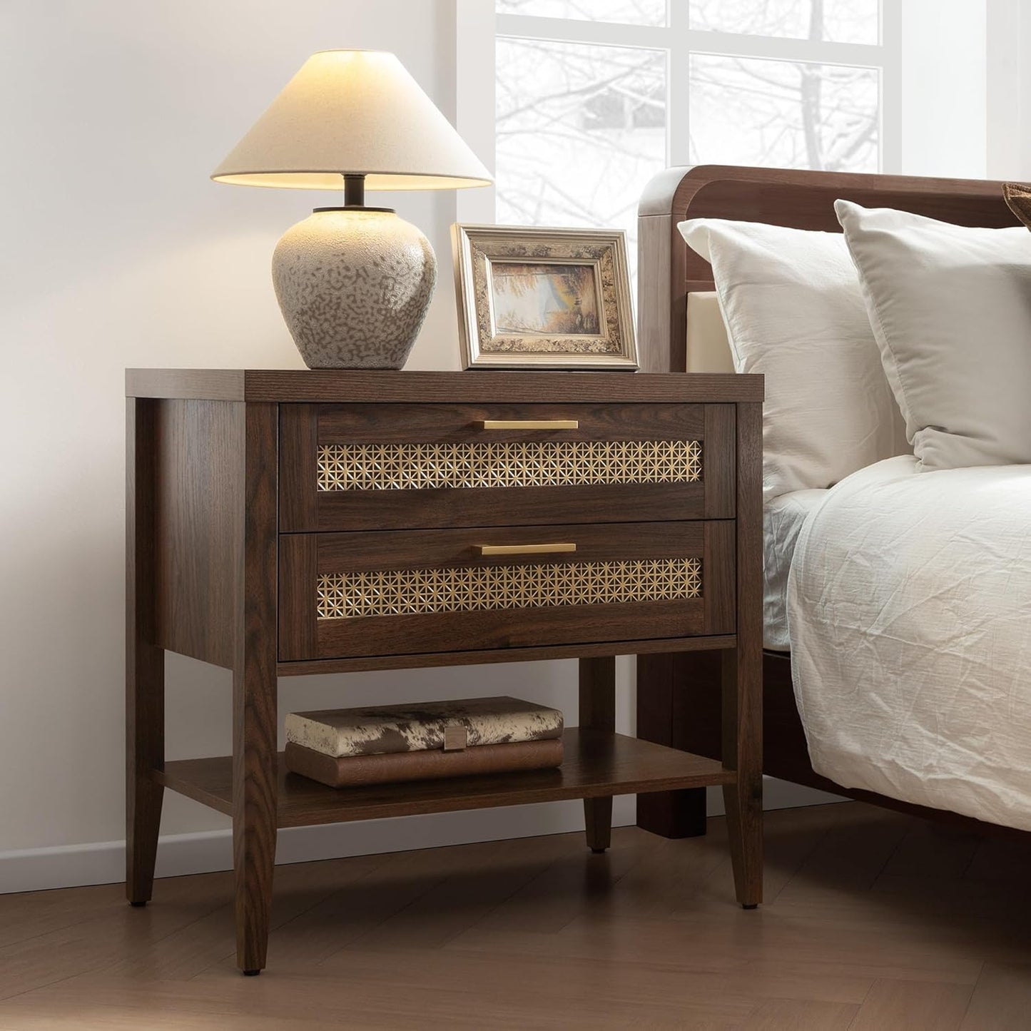 Night Stand Set 2 - Large Nightstands Sets of 2 with Drawers and Shelf, Rustic Bedside Table for Bedroom, Mid Century Modern Nightstand, 25.7" Tall Side End Table (Espresso Walnut, 2 Pieces)