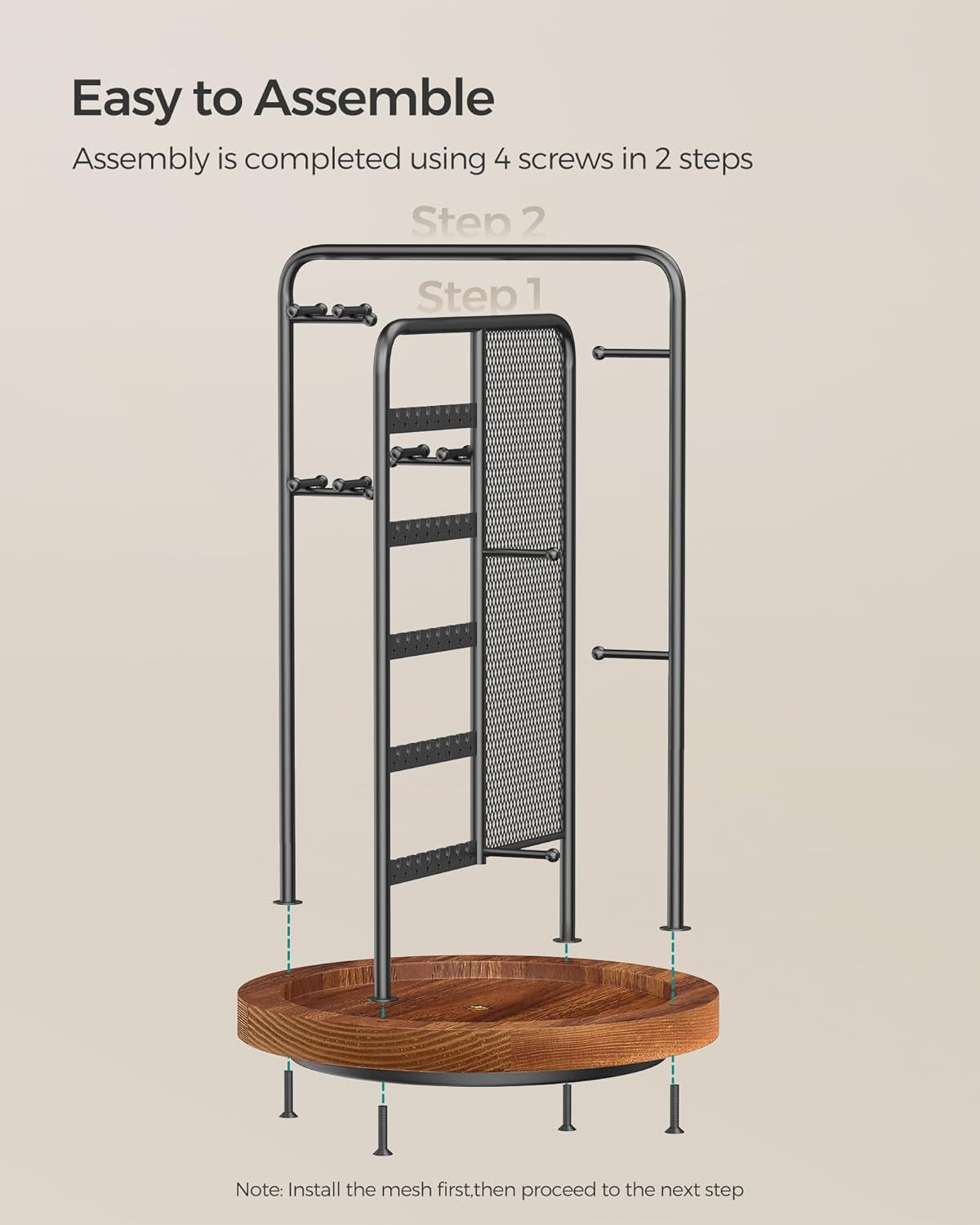 Jewelry Stand, Rotating Jewelry Display, 4 Independent Sections, Metal Frame, with Bottom Tray, Jewelry Organizer for Necklaces, Bracelets, Earrings, Rings, Gift Idea, Black UJJS023B01