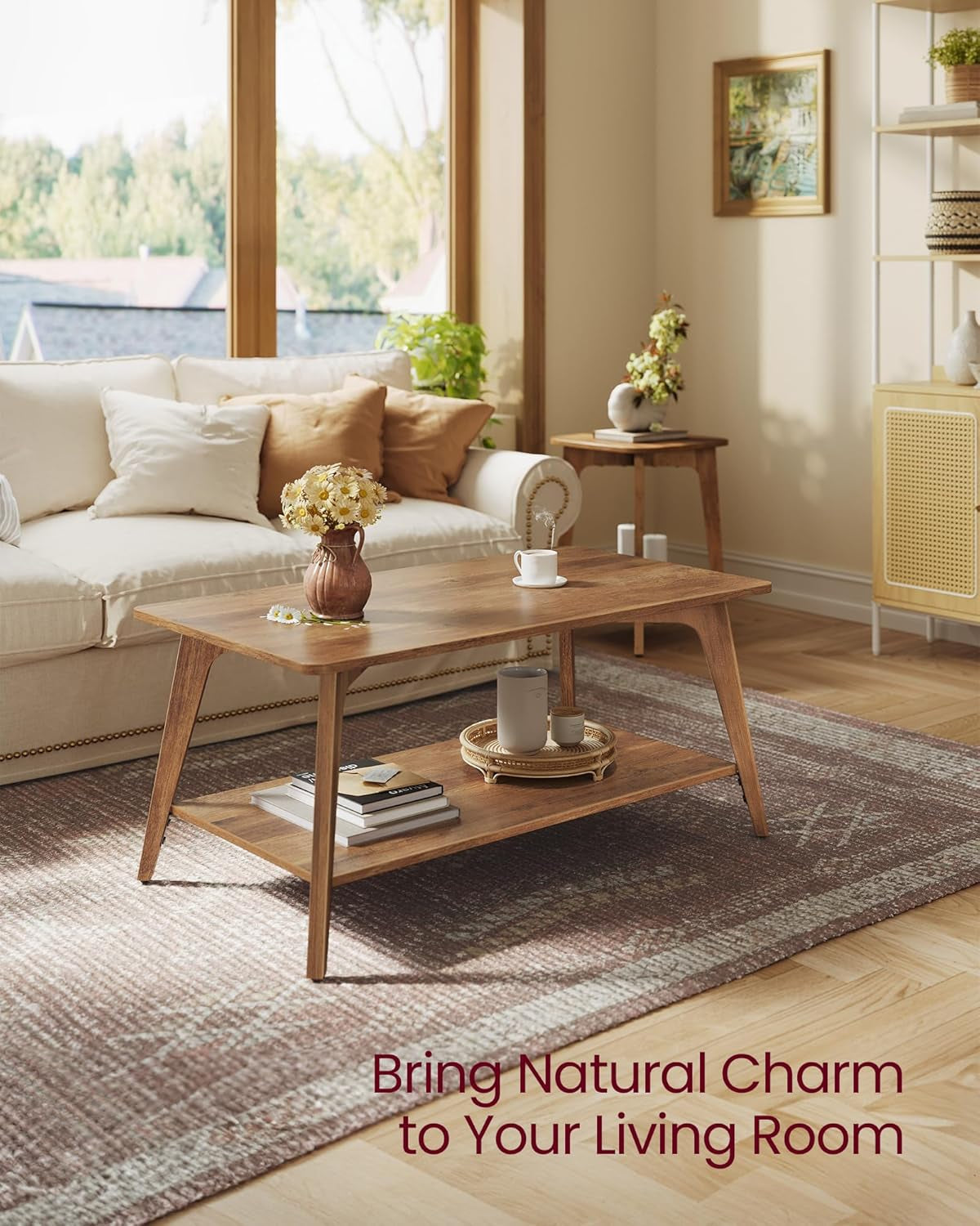 Coffee Table, 2-Tier Living Room Table with Storage, Center Table with Rounded Corners, 21.7 X 39.4 X 17.7 Inches, Easy to Assemble, Honey Brown ULCT249K01