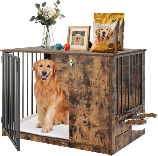 Dog Crate Furniture with Cushion for Large Dogs, 36" Indoor Wooden Dog Kennel with 270° Swivel Door, 360° Rotating Feeder, Decorative Heavy Duty Dog House with Double Locks & Bowls, Rustic Brown