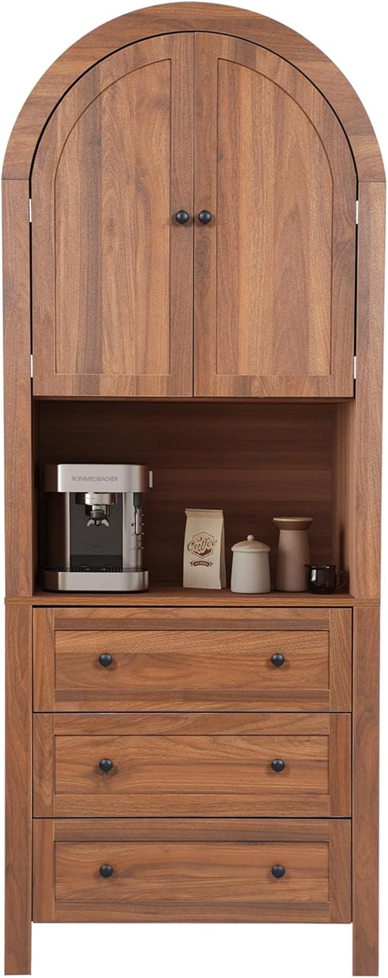 71" Tall Arched Kitchen Pantry Cabinet with Microwave Shelf,Modern Farmhouse Hutch Cabinet with Drawers & Door,Arched Storage Sideboard Cabinets (Walnut, 13.78" D X 27.56" W X 70.87" H)