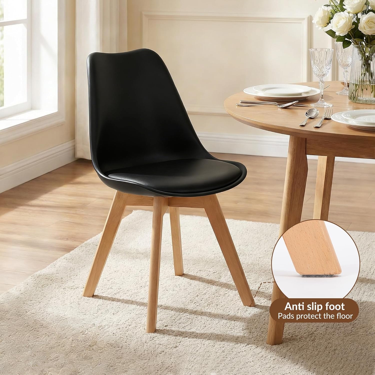 Dining Chairs Set of 4, Modern Upholstered Dining Room Chairs with PU Leather Padded Seat, Armless Kitchen Chairs with Curved Backrest and Solid Wood Legs for Dining Room, Kitchen, Apartment, Black