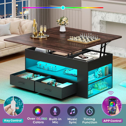 Lift Top Coffee Table, 4 in 1 Coffee Tables with Storage and Hidden Compartment, Farmhouse Coffee Table with 2 Fabric Drawers & LED Light for Living Room, Black