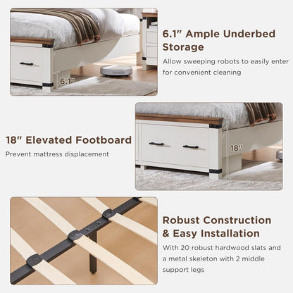 Farmhouse Queen Size Bed Frame W/ 54" Tall Geometric Headboard, Rustic Wood Platform Bed W/ 2 Large Storage Drawers, Wood Slats Support, Noise Free, No Box Spring Needed, Antique White