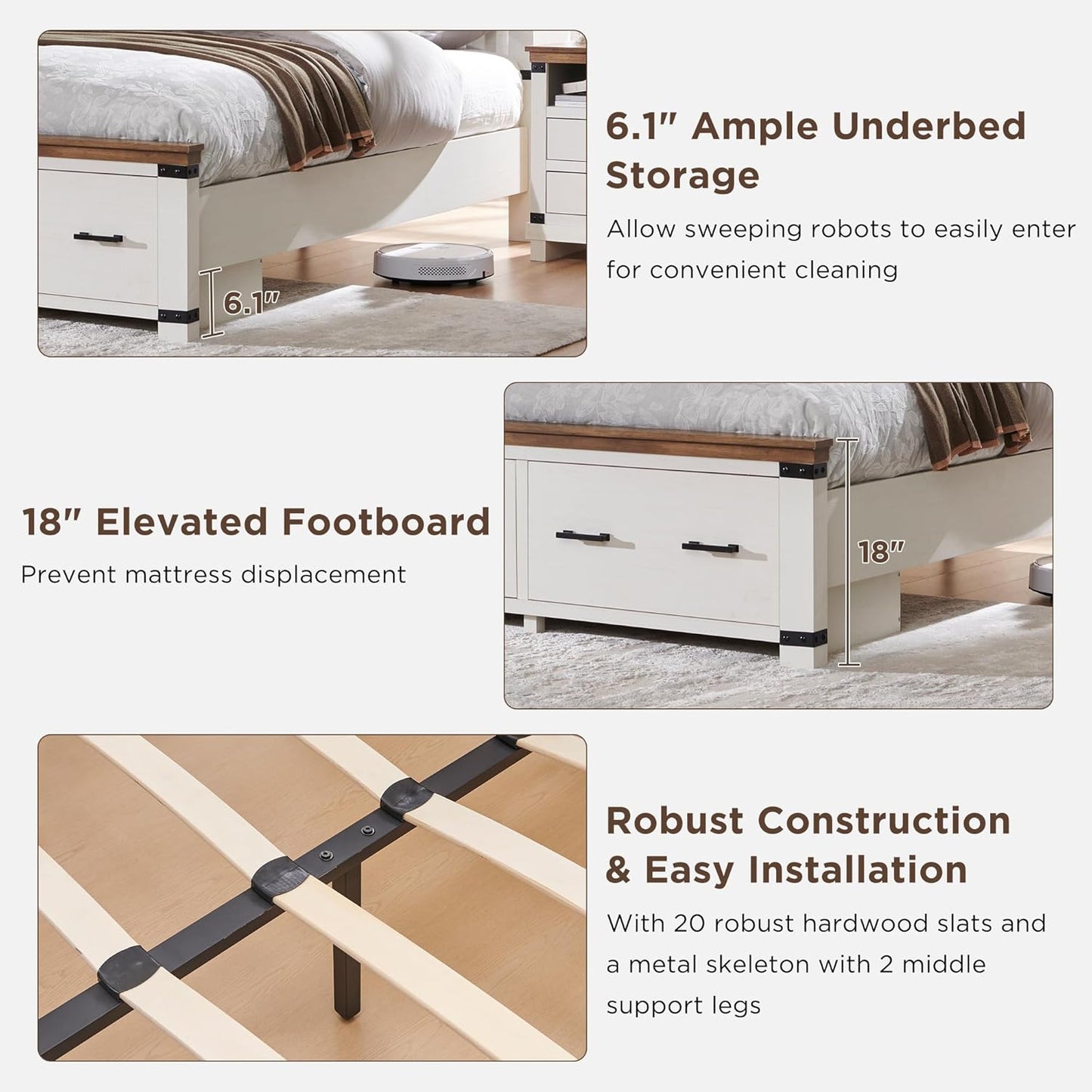 Farmhouse Queen Size Bed Frame with 54" Tall Geometric Headboard & 2 Large Storage Drawers, Rustic Wood Platform Bed with Wood Slats Support, No Box Spring Needed, Antique White