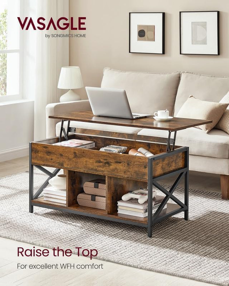 Lift Top Coffee Table, Lift Coffee Table with Storage Shelf, Hidden Compartments and Lifting Top, for Living Room, Office, 19.7 X 39.4 X (19.3-24.4) Inches, Rustic Brown and Black ULCT202B01