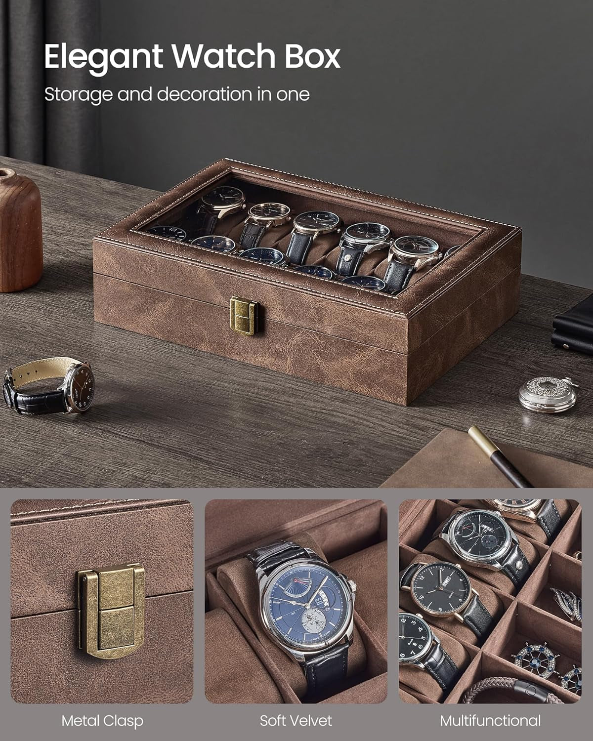 Watch Box, 12-Slot Watch Case Organizer with Large Glass Lid, Removable Pillows, Gift for Loved Ones, Coffee Brown Synthetic Leather, Coffee Brown Lining UJWB120KQ01S