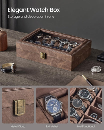 Watch Box, 12-Slot Watch Case Organizer with Large Glass Lid, Removable Pillows, Gift for Loved Ones, Coffee Brown Synthetic Leather, Coffee Brown Lining UJWB120KQ01S