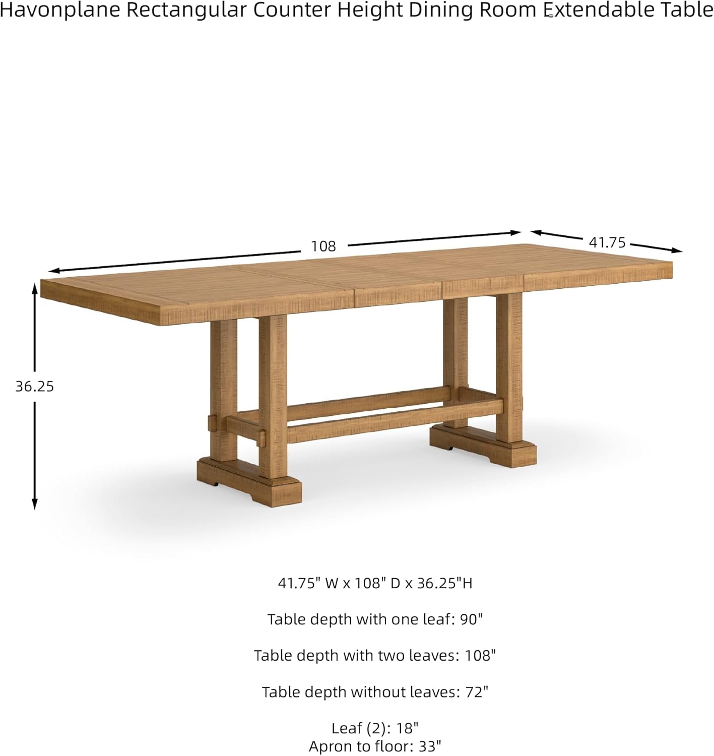 Havonplane Rustic Distressed Counter Height Dining Extension Table with Removable Center Leaf and Double Trestle Base, Light Brown