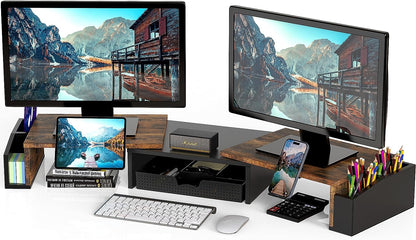 Desk Dual Monitor Stand Riser with Drawer, Rustic Brown