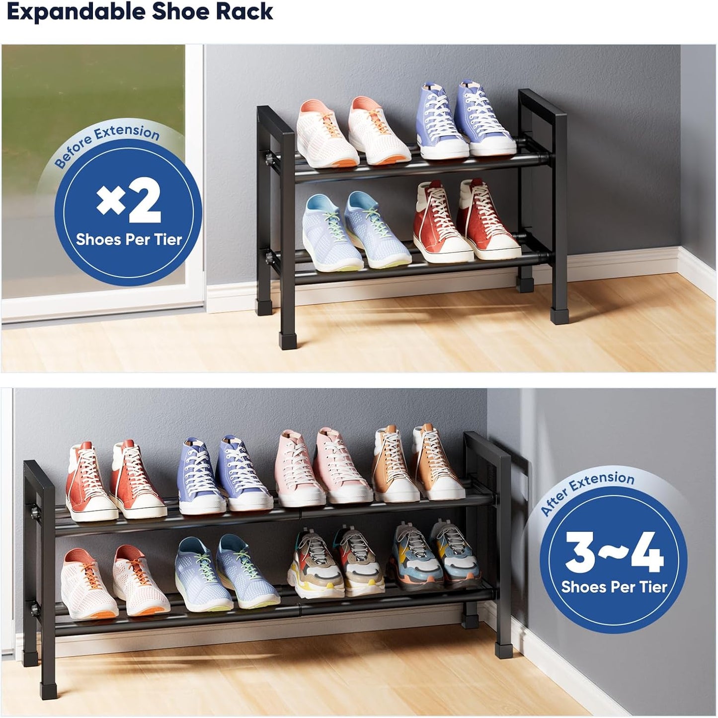 2-Tier Expandable Shoe Rack,17"-33" Adjustable Shoe Rack for Closet,Metal Shoes Shelves for Front Door Entrance, Garage & Corridor, Free Standing Shoe Holders, Easy to Assemble,Black
