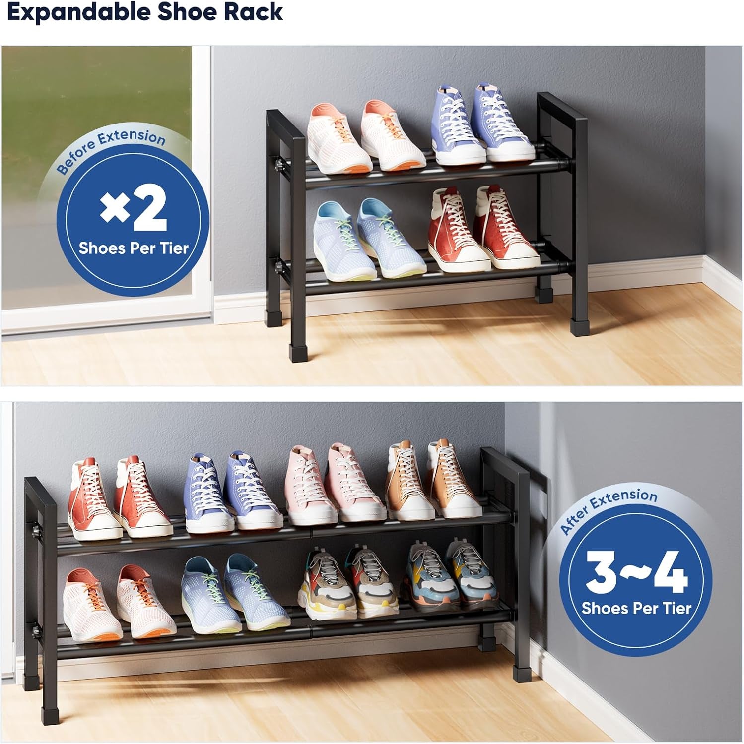 2-Tier Expandable Shoe Rack,17"-33" Adjustable Shoe Rack for Closet,Metal Shoes Shelves for Front Door Entrance, Garage & Corridor, Free Standing Shoe Holders, Easy to Assemble,Black