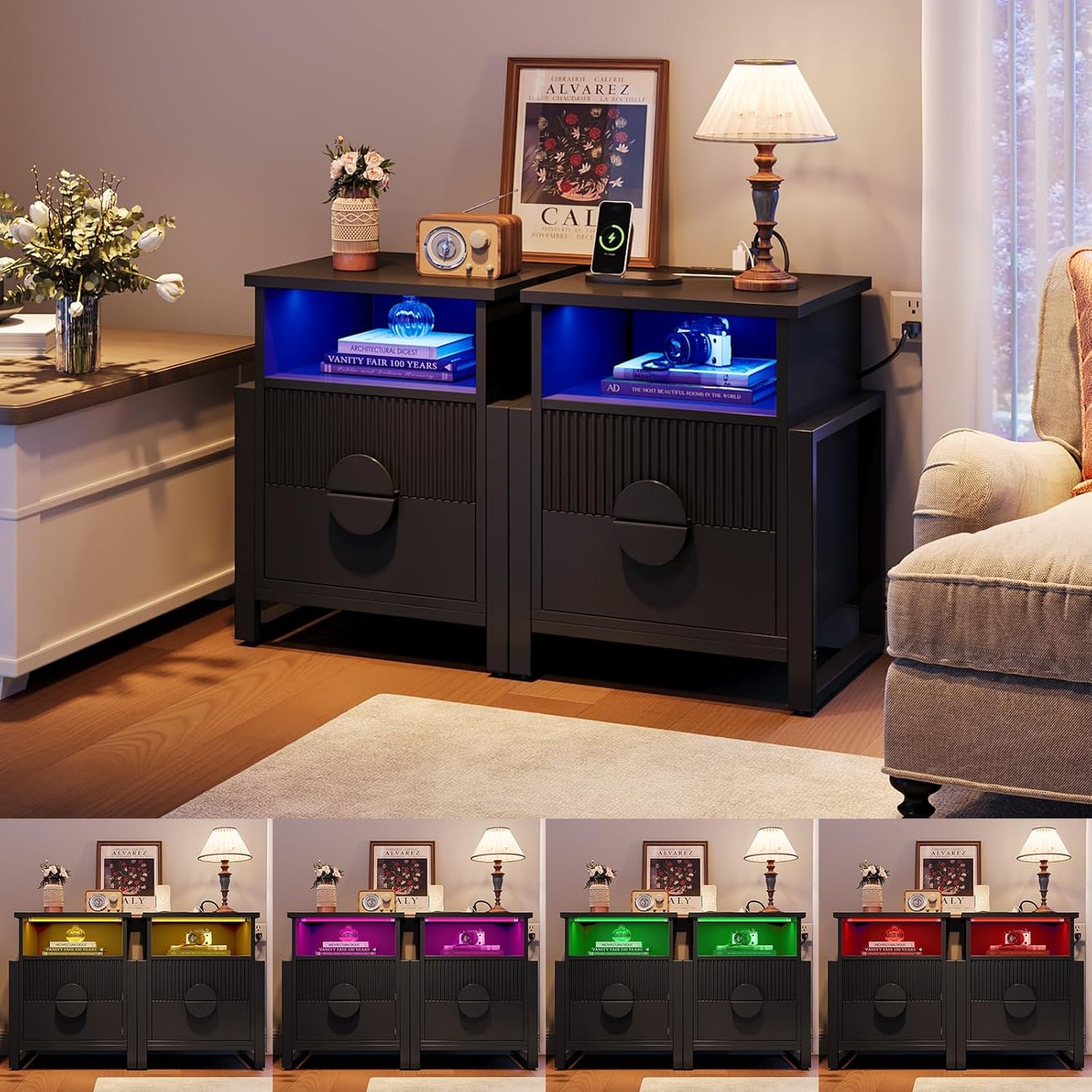 Set of 2 Fluted Nightstand with Charger Station Strip Lights, 20.47" W Night Stand with 2 Drawers, Large Accent Bed Side Table and End Table, Large Open Cubby, Raising H Legs,Black